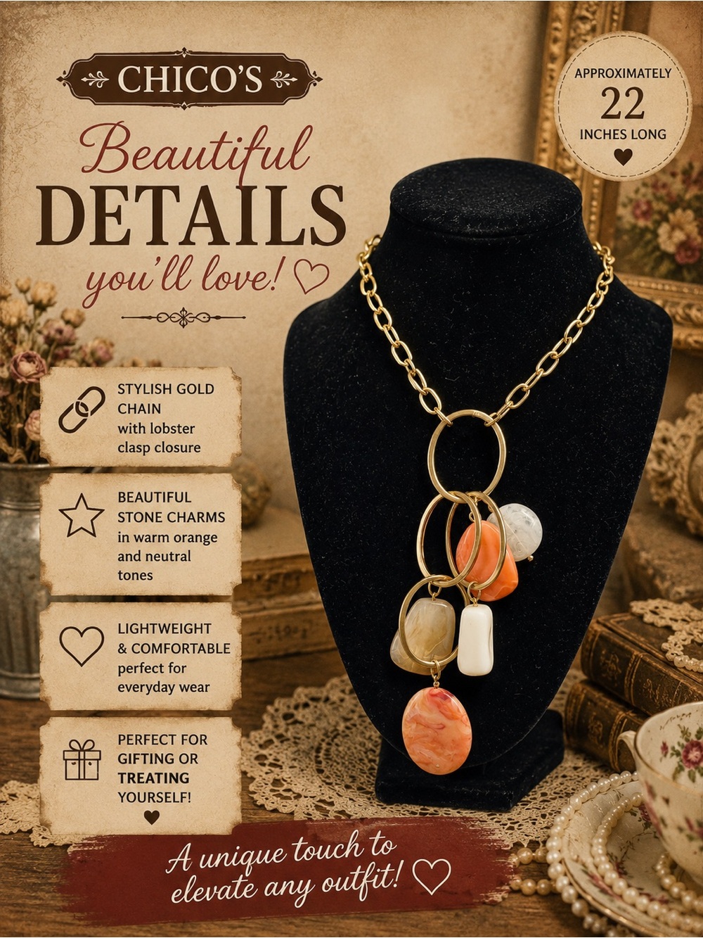 Chico's Gold Chain Necklace with Orange and Cream Stone Charms